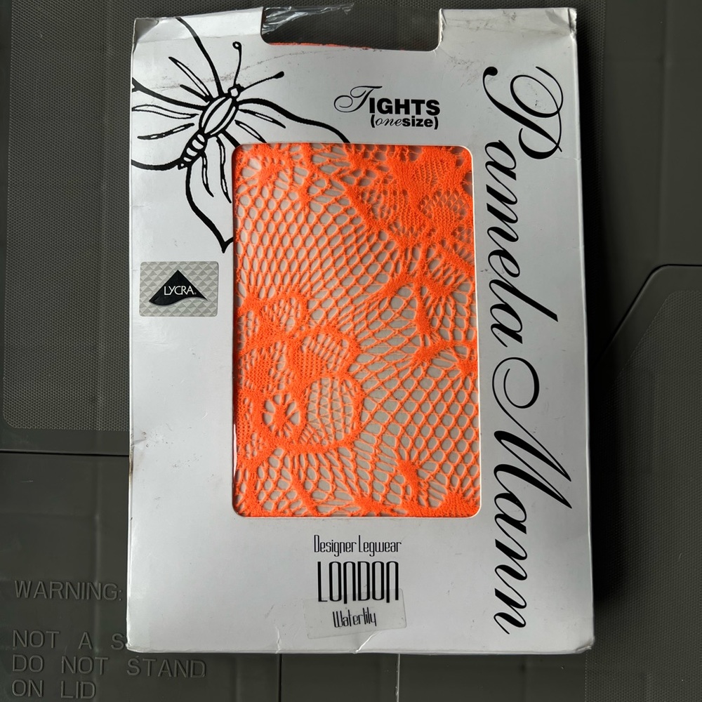 Pamela Mann luxury hosiery, crochet lace tight in fluorescent orange